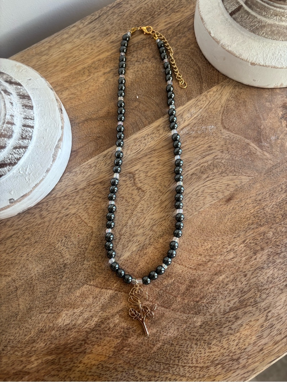 Gold Rose Pendant Hematite Bead Necklace in Black and Gold